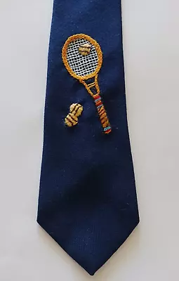 Vintage Embroidered Tennis Racket & Balls Blue Men's Tie 54.5  • $22