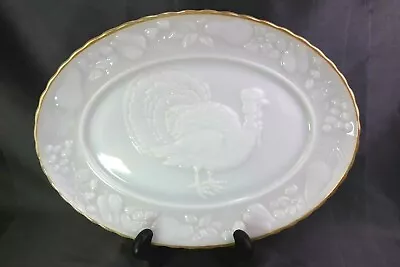 ANCHOR HOCKING Milk Glass Fruit Turkey Embossed Oval Platter #2390 USA Oven Safe • $26.93