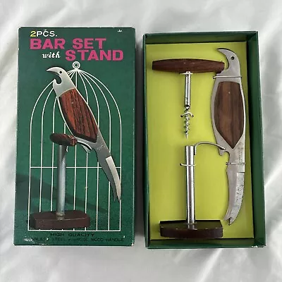 Vintage MCM Bird Bar Set With Stand Rosewood Steel Parrot Bottle Can Opener Tiki • $24.97