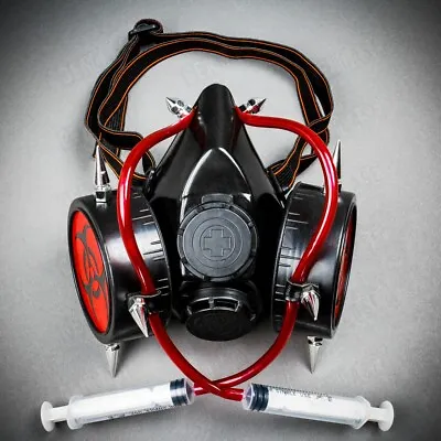 Black Red Adult Halloween Hazard Gas Mask Cosplay With Syringe Steampunk Costume • $20.99