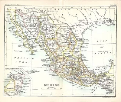 Original 1896 Map MEXICO Railroads Yucatan Nicaragua Canal Turrialba Volcano • $12.99