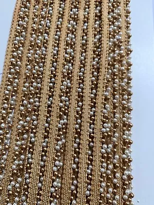 £2.50 • Buy Indian Tiny Double Cream Pearl & Rose Gold Beads On Ribbon Lace Trim - 1 Mtr