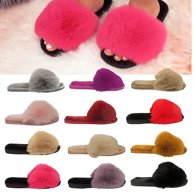 £5.95 • Buy Ladies Fluffy Slippers Womens Faux Fur Open Toe Winter Warm Mules Shoes Size UK