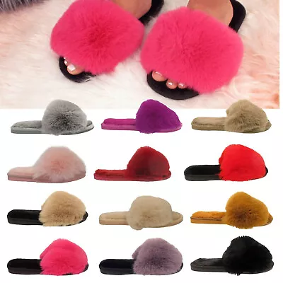 Ladies Fluffy Slippers Womens Faux Fur Open Toe Winter Warm Mules Shoes Size UK • £5.95