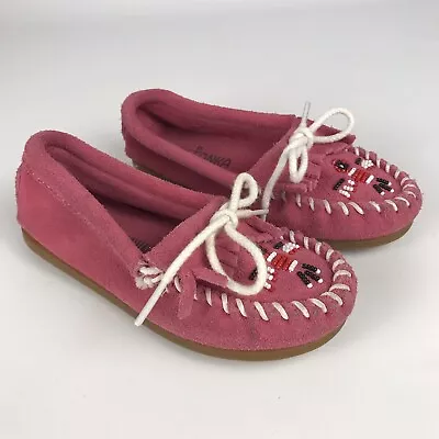 MINNETONKA PINK MOCCASINS - Toddler Girl 11 - Suede Beaded Thunderbird Moc • £12.97