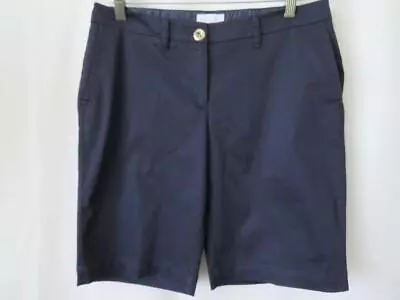 Queenspark Womens Sz 10 Shorts Navy Blue Sateen Side Slide Pockets Gold Button • $21.90