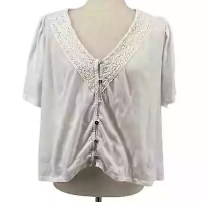 Lucky Brand Lace Collar V Neck Button Down Loose Flowy Large Peasant Top L Boho • £16.86