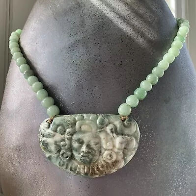 Rare Vintage Necklace Aztec Mayan Face Jade Carved Gemstone Stone 207 Gm Massive • $650