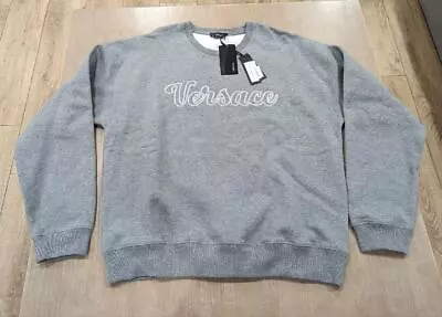 $1050 Mens VERSACE Whipstitch Logo Graphic Crewneck Sweatshirt Gray 2XL • $499.99