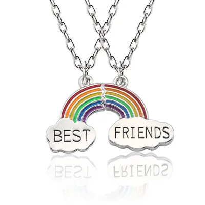 Silver Broken Heart Best Friends Rainbow 2 Pieces Friendship Necklace Gift • £3.49