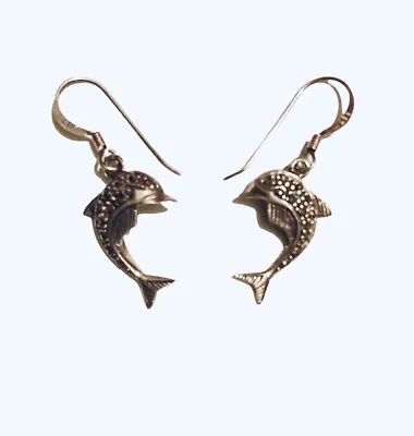 Earrings Vintage Sterling Silver Dangle Dolphin Charms • $17.95