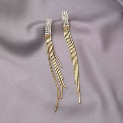 Silver Plated Gold Long Tassel Crystal Earring Drop Dangle Stud  Jewellery Women • £3.99