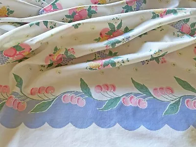 Vintage PINK CHERRIES Fruit TABLECLOTH Border Cotton Fabric MCM Blue UNUSED NOS • $42.99