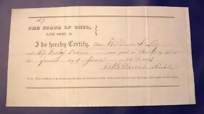 Historical Document Marriage Certificate 1863 Wayne Co Ohio • $20