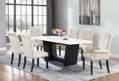 7 Pc White Marble Dining Table Beige Linen Like Chairs Dining Room Furniture Set • $1599