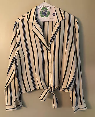 MISS SELFRIDGE Blouse Cream Striped Tie Waist Top Shirt Long Sleeve Womens Sz 10 • $15.99