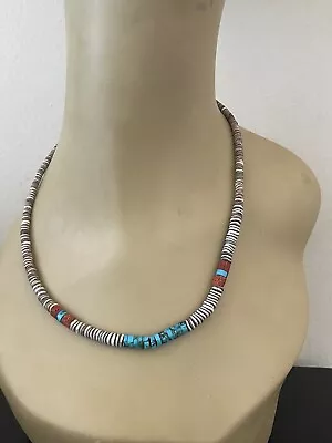 Vintage Native American Heishi Shell & Turquoise Necklace 16  • $29.99