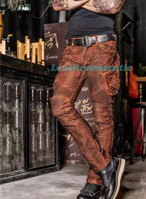 Men Real Leather Cargo Pants Men's Genuine Trouser 6 Pocket Biker • $155