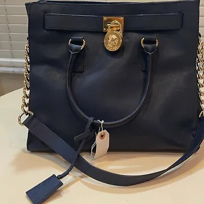 Michael Kors Hamilton Navy Blue Saffiano Satchel Shoulder Bag Large Leather Purs • $211.50