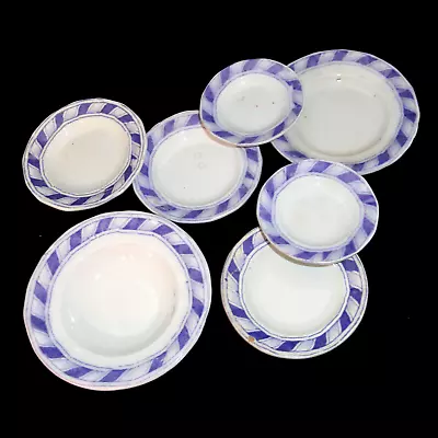 Set Of 7 Staffordshire Childs Toy Dinner Set Plates Purple SLANTED STRIPE 1820 • $30