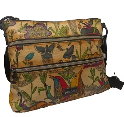 SAKROOTS Canvas Crossbody Satchel Bag 31cm Birds Peace Love 70's Style Tote  • $96