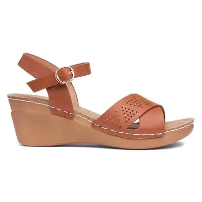 Topway Womens Sandals Tan Adults Ladies Wedge Wedged Buckle Lightweight SIZE • £12.99