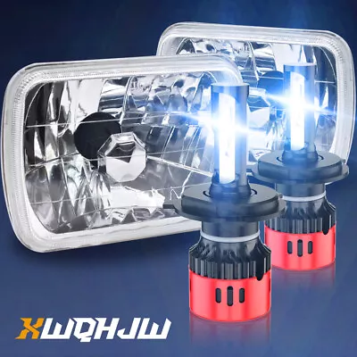 Pair 4x6  Headlights White LED Halo Clear Lens Diamond Cut Glass Headlamp • $139.99