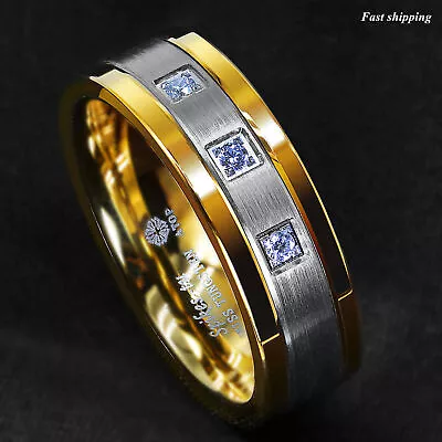 8mm Black/Gold Tungsten Ring Brushed Cubic Zirconia ATOP Men's Wedding Band • $24.29