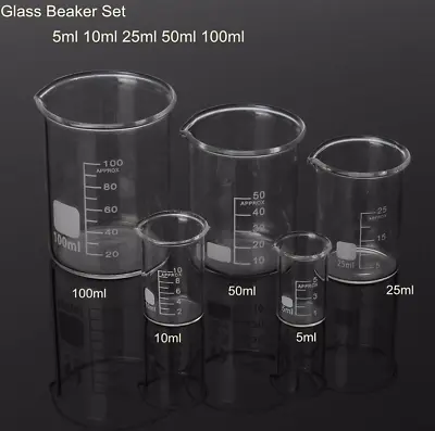 5pcs/set Glass Beaker 5/10/25/50/100ml Laboratory Measuring Cup Glassware For • $7.57