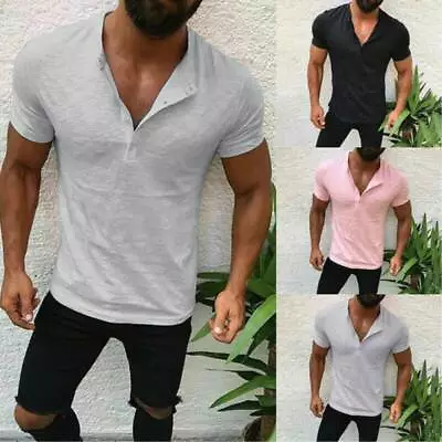 Summer Mens Plain Short Sleeve Henley Shirt Tight Fit Tops Casual T-shirt Sport • £16.59