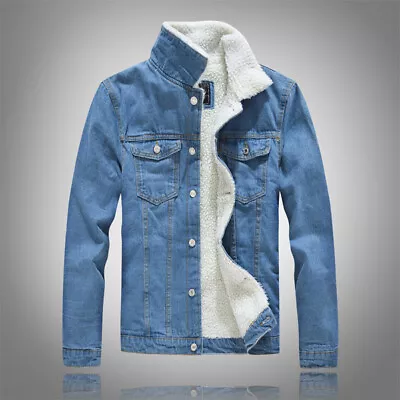 Jacket Denim Outwear Jean Coat Trucker Fur Collar Winter Warm Fleece Lined Men • $78.10