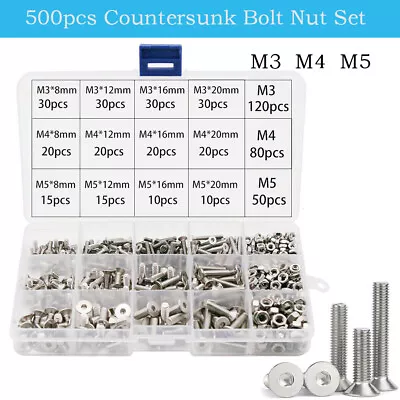 500 × M3 M4 M5 Countersunk Socket Screws Allen Bolts Nut Set A2 Stainless Steel  • £13.86