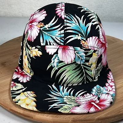 Blank Floral 5 Five Panel Black Hat Cap Leather Strapback  Hawaiian Print EUC • $12.48