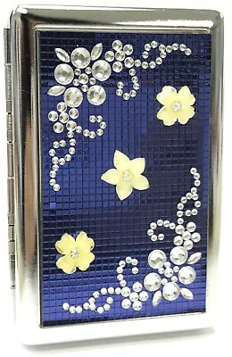 Eclipse Blue Crystal Flower Design Crushproof Metal Cigarette Case Wallet 100s • $14.99