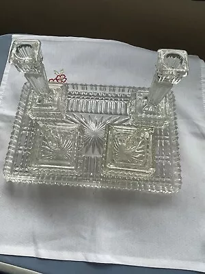 £10 • Buy Vintage Glass Dressing Table Set, Tray Candlesticks, Trinket Box, Clear Glass