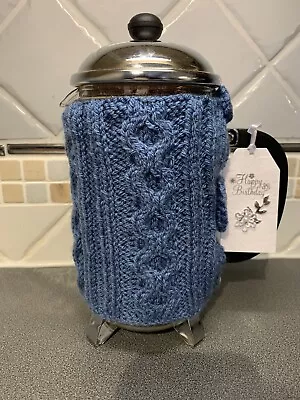 Hand Knitted Blue Cafetiere Cosy With Pretty Mother Of Pearl Buttons • £5.49