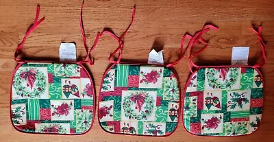 Vintage Christmas Chair Pads/Cushions With Ties ~Holiday Print ~15 ~Set Of 3~EUC • $14.95