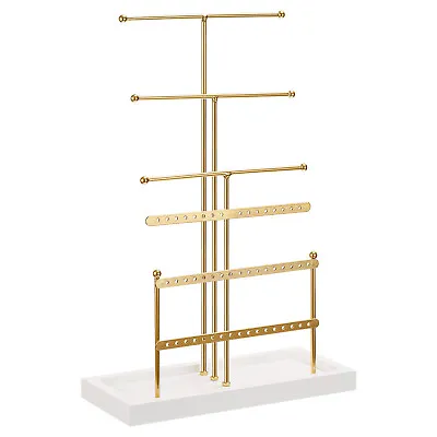 Jewelry Stand Holder 6 Tier Metal Earring Tower With Wood Tray - Gold • £17.01