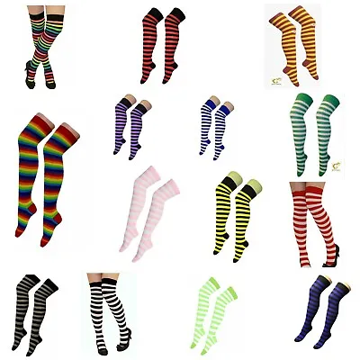 Women's Girls Striped OVER The KNEE Socks Ladies Thigh High Stretchy OTK Socks • £3.79