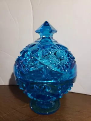 Vintage Kemple Glass Aqua Blue Hobstar  Pedestal Compote Candy Dish W/ Lid Vi • $22.99