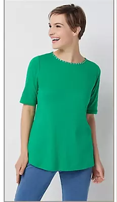 Women's Quacker Factory Elbow Sleeve Knit Top W/Rhinestone Neckline Green XL • $18