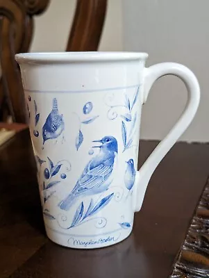 Vintage Hallmark Marjolein Bastin MB Tall Blue & White Coffee Mug Birds & Leaves • $21