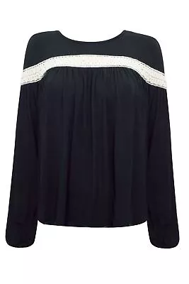 MISSGUIDED Black Boho Top Crochet Inset Trim Stretch Jersey Blouse Tunic  • £10.95