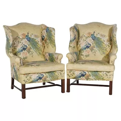 Pair Of English Colonial Peacock & Floral Decorated Wing Back Chairs 20thC • $1320