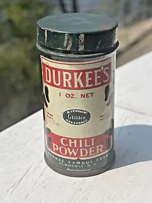 Vintage DURKEE'S Chili Powder Spice Tin Round Elmhurst New Jersey • $8.99