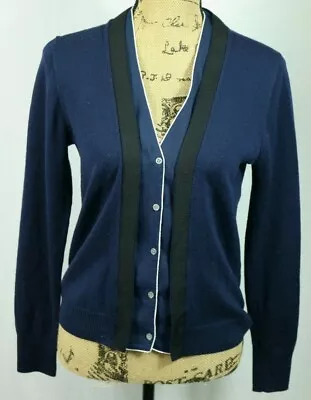 J.CREW Merino Wool Cardigan Size Small Navy Blue Ribbon Trimmed Sweater • $27.95