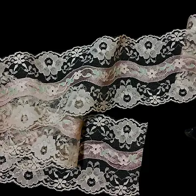 Vintage Double Scalloped Lace Trim Floral Lace Trim 3-1/2  Ivory Pink 5 Yds  MC0 • $12.95