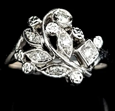 Vintage Diamonds 14k White Gold Floral Branch Ring Retro Mid Century Estate Gift • $478