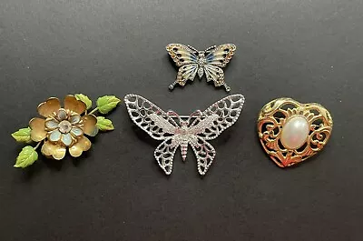 VTG Lot Of 4 Brooches Butterflies Flower Heart Rhinestones Sarah Coventry Monet • $1.99