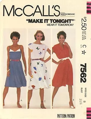 McCall's 7562 Blouson Dress W Turn-Down Bodice Detail Shawl Collar Sz 8 UNCUT • $7.95